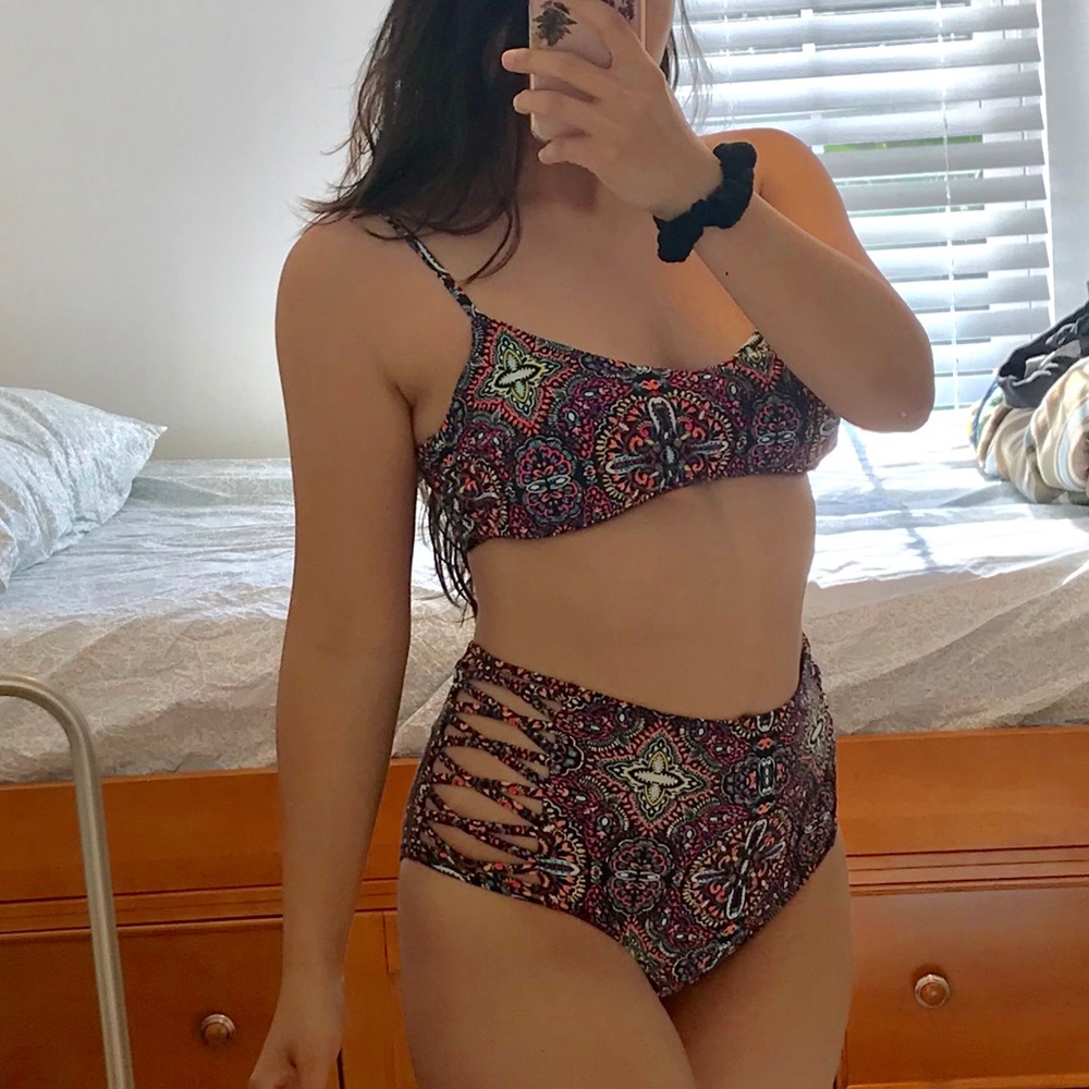 Colorful tie strap high waisted bikini